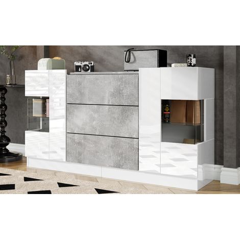 Buffet blanc brillant avec 2 portes et 3 tiroirs, aspect marbre gris, meuble TV LED de 16 couleurs (1/5)