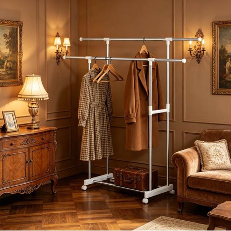 Porte-manteau sur roulettes extensible, portant à vêtements double barre réglable, étagère basse, métal inoxydable, pour chambre et entrée  CHICFURN (1/5)