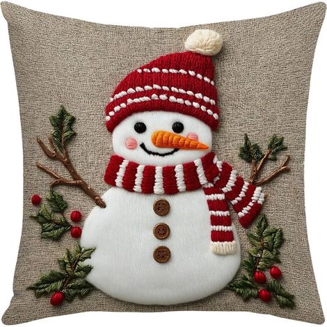 Housse De Coussin Noel - Linen - Motif Bonhomme De Neige Et Arbre De Noël - 45x45 Cm - Pour Canapé Fauteuil Lit - 1 Pièce (1/5)