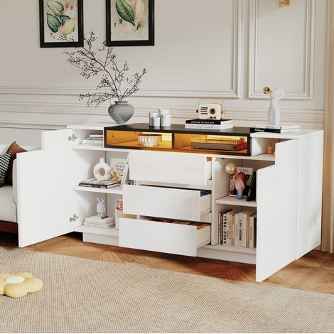 meuble rangement buffet LED 140 cm 3 tiroirs blanc OKMYHOME (1/5)