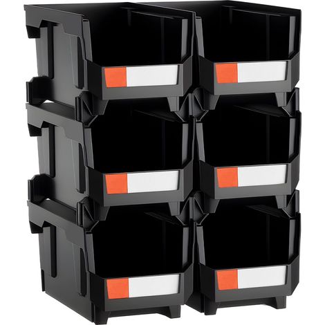 Bacs de rangement empilables plastique 37,7 x 21,5 x 18 cm (lot de 6) pour organiser placard, garage et bureau - couleur, noire (1/5)