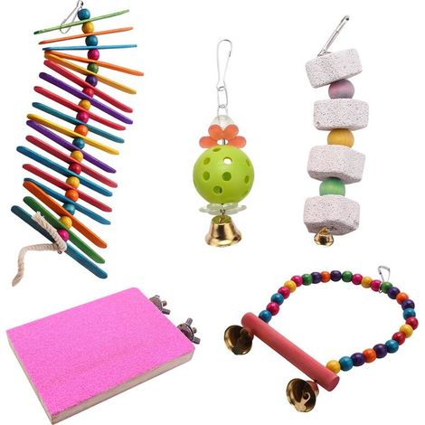 Lot de 5 jouets à mâcher pour oiseaux, clochette, échelle suspendue, hamac pour cage, pour perruches, calopsittes, amoureux des oiseaux, inséparables (1/5)