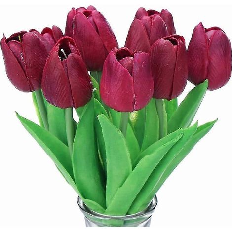 10 atemberaubende, realistisch wirkende künstliche Tulpensträuße aus PU-Kunststoff mit Stiel – gelb-Purple (1/4)