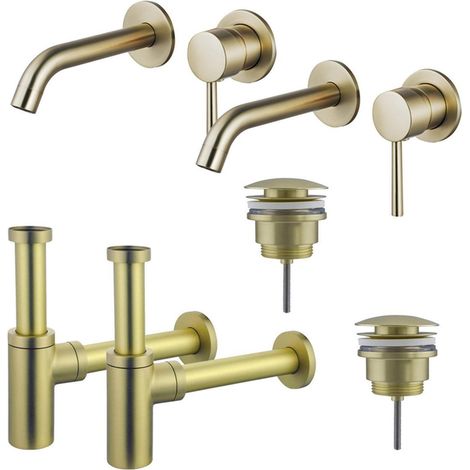 FugaFlow Eccelente Sobrado Kit robinet lavabo - pour double vasque - robinet rehaussé - bonde clic clac - siphon design - Laiton brossé PVD (1/4)