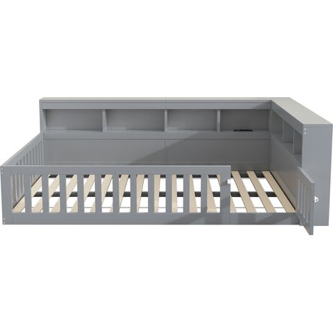 Letto da giorno 140 x 200 cm grigio con contenitore, USB e rete a doghe, senza materasso, MODENUIT (1/5)