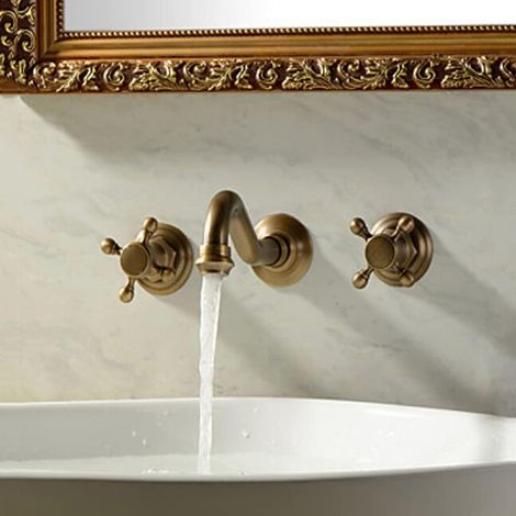 Robinet mural salle de bain vintage laiton, 3 trous, mitigeur évier classique double poignée pour lavabo (1/5)