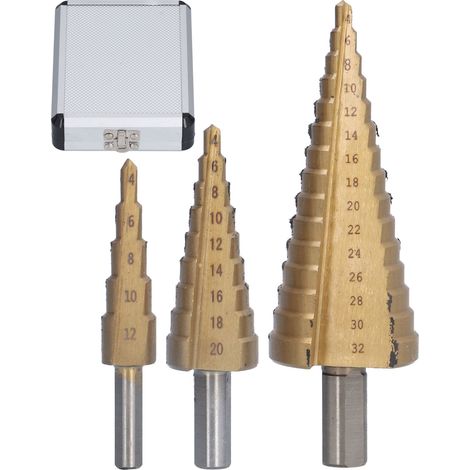 Coffret de 3 forets étagés à queue triangulaire en acier rapide, avec coffret en aluminium. (1/5)