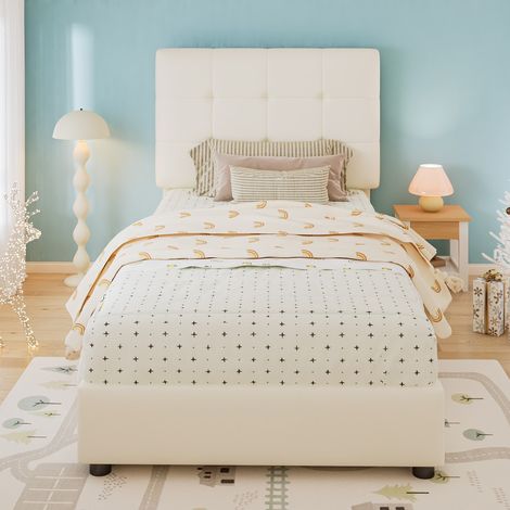 Lit simple-Lit enfant rembourré-Dossier tête de lit en biscuit-Bordure mousse anti-collision-94,5x206x101cm-Sans Matelas (1/5)