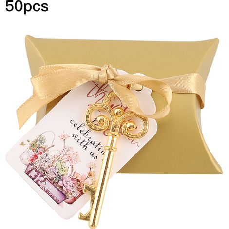 Lot de 10 clés ouvre-bouteille avec étiquettes porte-bonheur, ruban en soie, décoration mariage fête, doré (1/5)