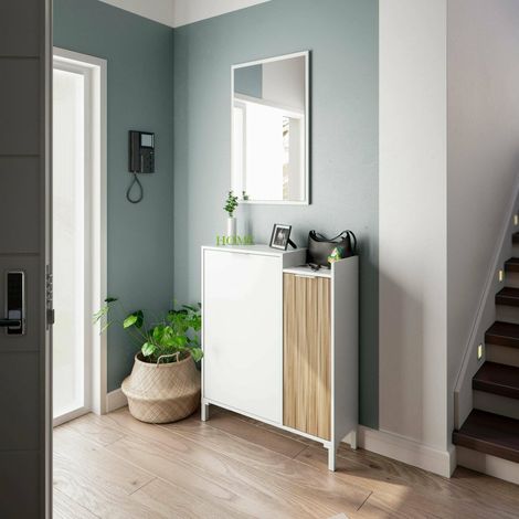 Meuble d'entrée, Couloir à 2 Portes, Armoire avec Miroir, Rangement Multifonctionnel, 77x24h91 cm, Blanc et Chêne (1/5)