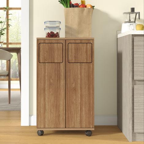 Armario de basura de 46.7x35x80 cm, con 2 compartimentos, ruedas bloqueables, puertas de 180°, MDF, color natural (1/5)