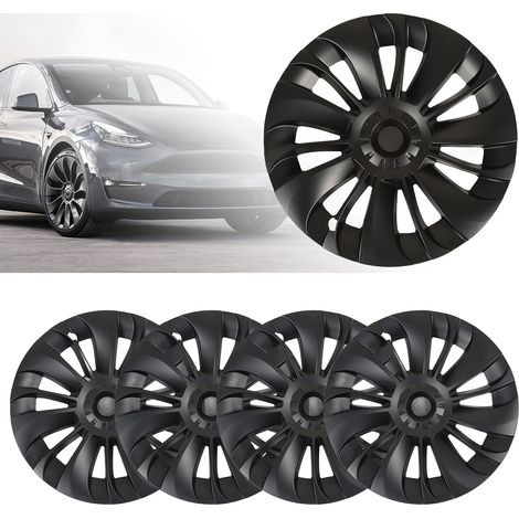 (T04) (Video verfügbar) 4 mattschwarze Radkappen für 19-Zoll-Felgen des Tesla Model Y (2020–2023) (14 asymmetrische Speichen ohne Markierungen) (Übergröße) (Zusätzliches Gewicht) (1/5)