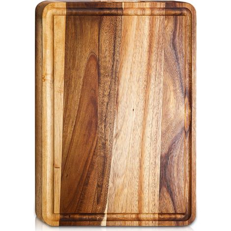 Planche à découper en bois d'acacia - Grande planche de service pour fruits et viandes - Avec rainure à jus