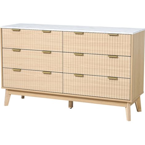 Mophorn Commode à 6 tiroirs en bois avec glissières et dispositif anti-basculement, design minimaliste moderne, meuble de rangement cannelé pour salon, chambre, entrée et couloir, finition bois clair