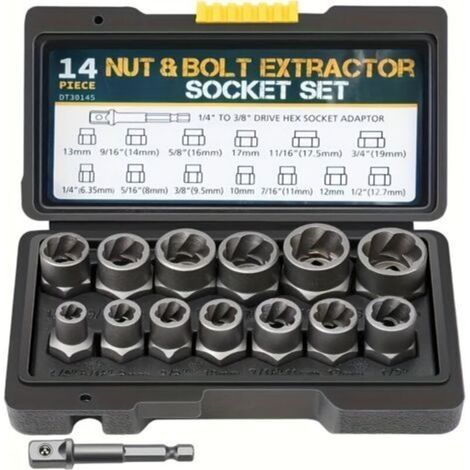 Kit de 14 pièces pour l'extraction d'écrous : extracteur de vis à profil spiralé, jeu de clés à douille pour retirer les écrous et vis endommagés ou rouillés (1/5)