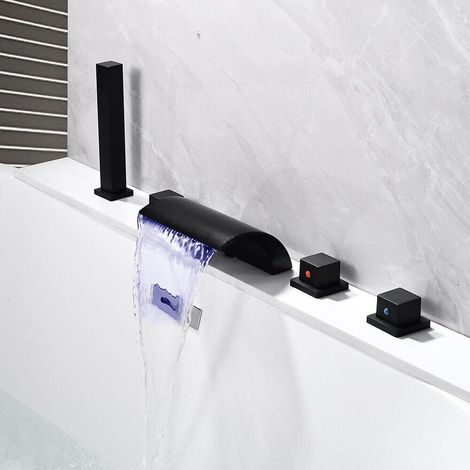 Robinet de baignoire LED cascade 3 couleurs LED Set de douche avec douchette Robinet de douche 5 trous Set de robinetterie de bord de baignoire Carrelage Kit de douche Noir (1/5)