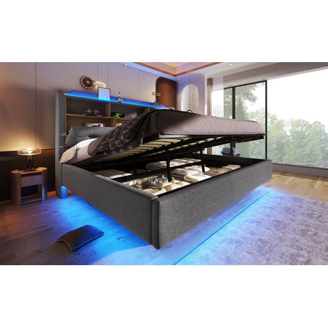 Lit rembourré beige et gris 180 x 200 cm en lin et MDF avec éclairage LED, rangement hydraulique et ports USB-C pour chambre (1/5)