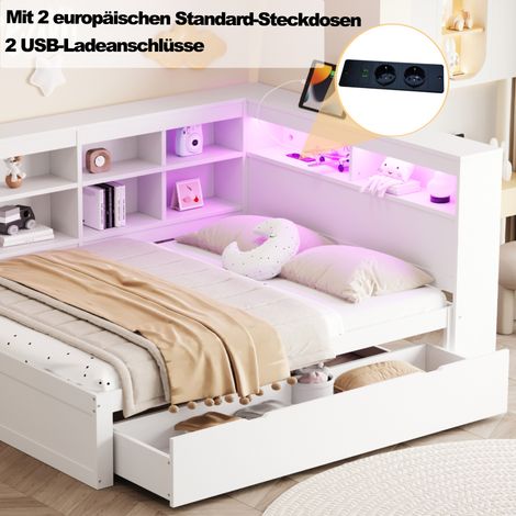 Canapé-lit en bois massif blanc 140x200 cm, matelas double avec tiroirs spacieux, port USB, éclairage LED, étagères et rangements intégrés, meuble multifonctionnel pour chambre (1/5)