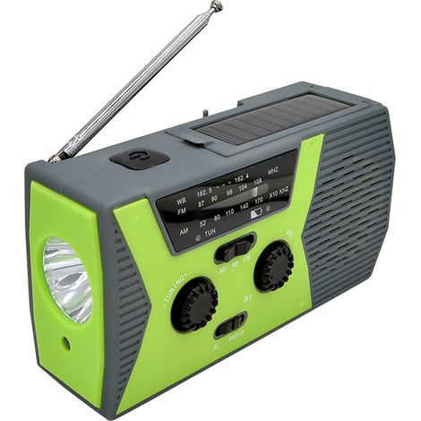 Radio portátil con manivela, alimentada por energía solar, con recepción AM/FM y NOAA para uso en exteriores, linterna LED, alarma SOS, batería de 2000 mAh y salida USB. (1/5)