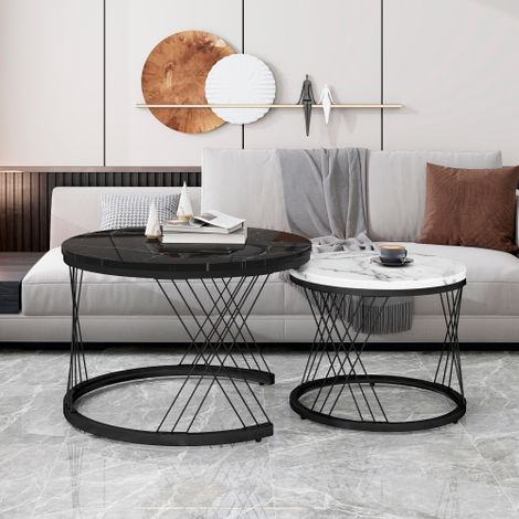 GROOFOO Round Coffee Table, Modern Coffee Table Set of 2 Marble Pattern Top with Metal Frame, Small Side Table, End Table for Living Room, Bedroom, Home Office, Farmhouse, White and Black