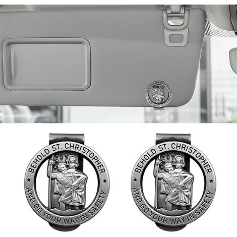 2 Pièces Médaille De Christophe pour Visière De Voiture, Accessoires Médaille Voiture Saint Christophe Clip, Badge Médaille Saint-Christophe Rond Clip Sécurité pour La Conduite(Argent) (1/5)