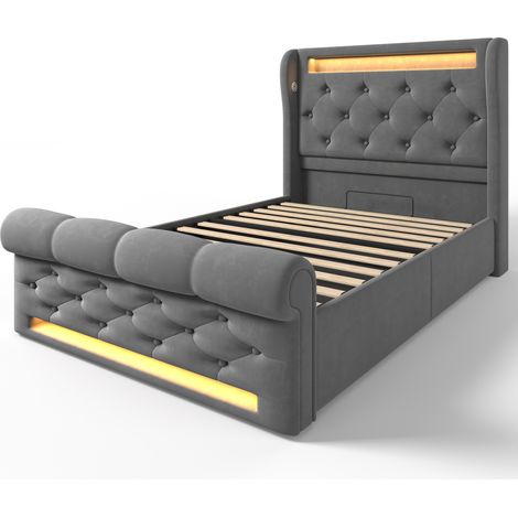 Cama canapé capitoné 90 x 200 cm en terciopelo gris con LED, USB y USB-C, colchón incluido (1/5)