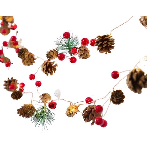 GARRYFIZH Guirlande lumineuse LED décorative de Noël avec pommes de pin, clochettes et baies rouges, pour décoration intérieure et extérieure de fêtes de fin d'année
