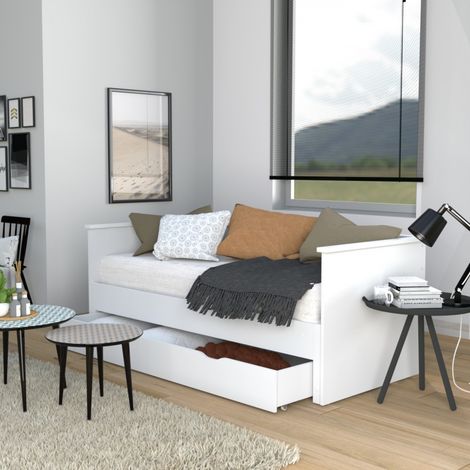 Le Quai Des Affaires – Banquette extensible 80x200 cm – 2 sommiers à lattes – Tiroir de rangement sur roulettes – Blanc – Dimensions 206x161x77 cm