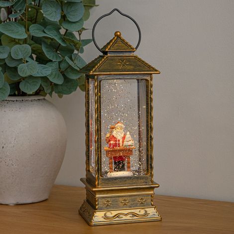 27cm Dual Powered Antique Gold Santa Workshop Christmas Water Spinner Lantern with LEDs (1/5)