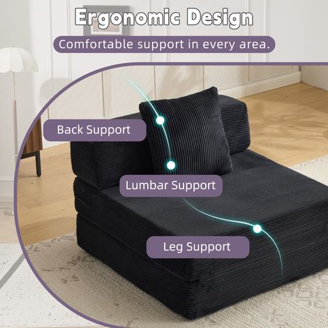 Canapé de sol convertible en velours côtelé, lit d'appoint confortable avec oreiller et accoudoirs, dossier soutenant, fauteuil relax noir pour salon et chambre. (1/5)