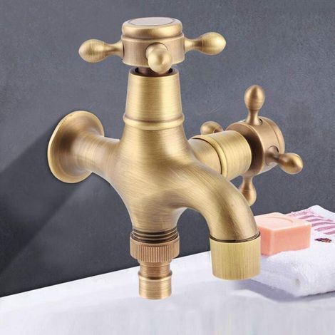 Robinet extérieur style ancien. robinet de jardin rétro en cuivre avec double bec. robinet d'évier de piscine/machine à laver à eau froide (1 pièce. or vintage) (1/3)