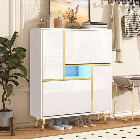 Schuhschrank aus Spanplatte weiß 80 x 25 x 96 cm, 2 Türen, verstellbare Einlegeböden und LED mit 16 Farben (1/5)