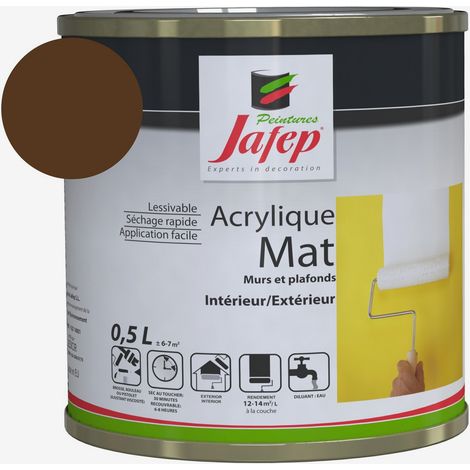 Peinture acrylique mate chocolat 0,5L – Finition lessivable – Rendement 12-14 m²/l – Application sur bois, béton, plâtre – Jafep
