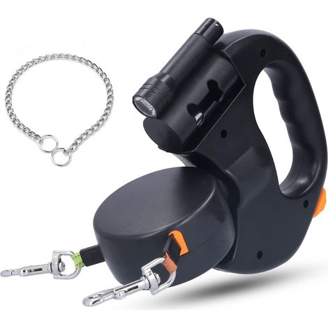 Correa doble para dos perros, correa retráctil para perros de hasta 25 kg/55 lb, cinta de nailon resistente que se estira hasta 3 m, con costuras reflectantes luminosas, incluye correa de metal. (1/5)
