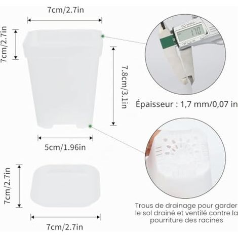 Lot de 12 pots de fleurs carrés en plastique transparent de 7 cm avec soucoupes - Petits pots épais pour pépinière, semis, légumes, boutures, plantes grasses, cactus et herbes aromatiques (1/4)
