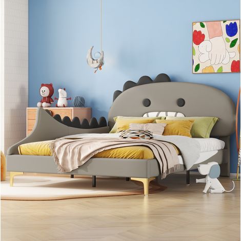 Lit enfant 140/200 cm gris en PU à tête de lit dinosaure (1/5)