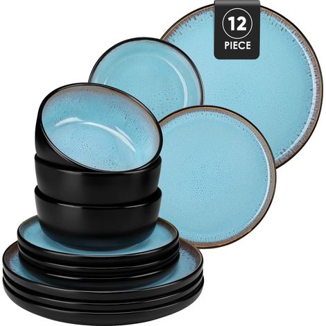 Juego de vajilla de cerámica hecha a mano, duradera y segura, color azul, 12 piezas. (1/2)
