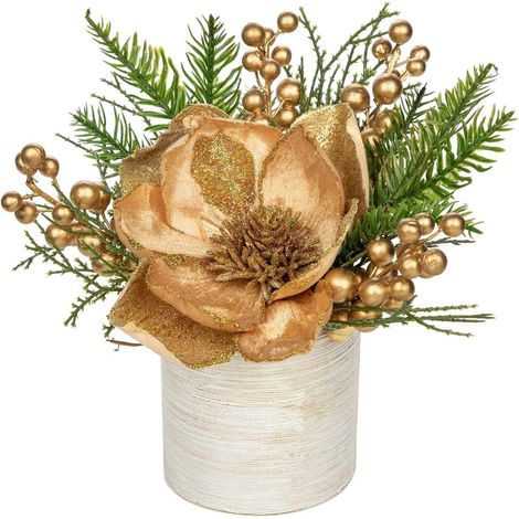 Kunstpflanze Weihnachtsdeko Keramiktopf Tannenzweig Magnolie Gold (1/5)