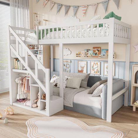 VASIEN – Lit Mezzanine 140x200 – Lit Superposé Enfant 140x200 Lit superposé 1 place Loft ado avec Escalier de rangement– Structure en bois massif, Garde-Corps de Sécurité et Sommier à Lattes – Blanc