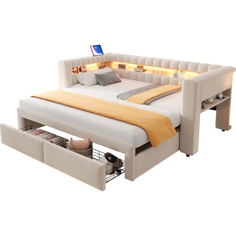 Letto Estraibile 90 x 190 cm, Letto Matrimoniale 180 x 190 cm con 2 Cassetti, LED Regolabile, USB e Type-C (1/5)