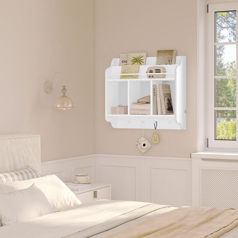 WOLTU Kinderregal, Bücherregal Kinder, Wandregal mit 1 Oberfach 3 offenen Fächern 4 Haken, Schweberegal Hängeregal Kinderzimmer, schwebendes Regal für Stereoanlage Kompaktanlage, Weiß (1/5)