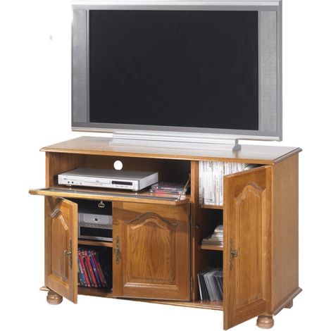 Meuble TV 55 Pouces Chêne 3 Portes 1 Abattant 6 Niches L120.6 H 77 P 46.5 cm (1/5)