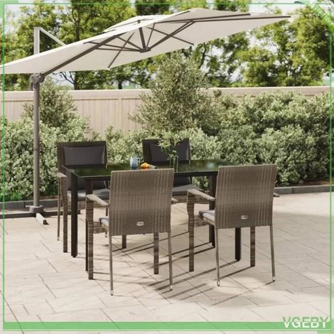 Ensemble à manger de jardin - FAFEICY - 3185115 - Résine tressée - Table verre trempé 140x70 cm - Coussins gris (1/5)