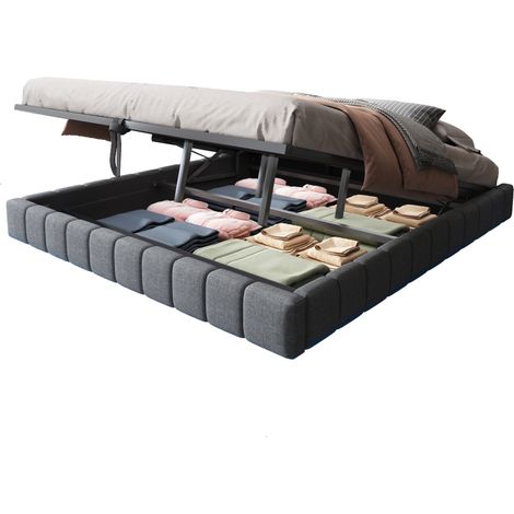 Lit coffre rembourré 180x200 cm, cadre flottant hydraulique avec LED changeantes, sans tête de lit, en tissu gris, structure métal, idéal chambre moderne – CHICFURN (1/5)