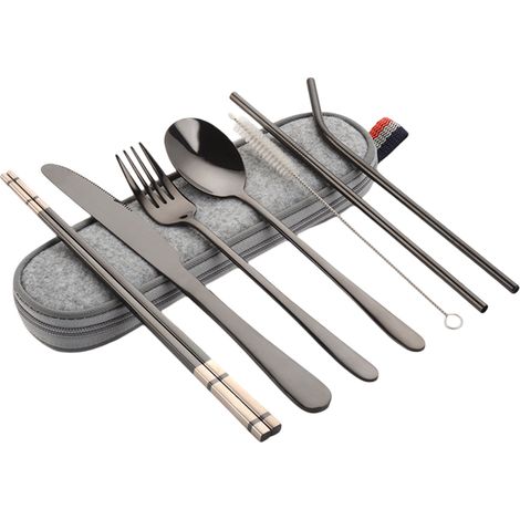 Ensemble de couverts portables en acier inoxydable, idéal pour le camping et les voyages. Coffret de couverts de voyage avec étui étanche. (1/5)