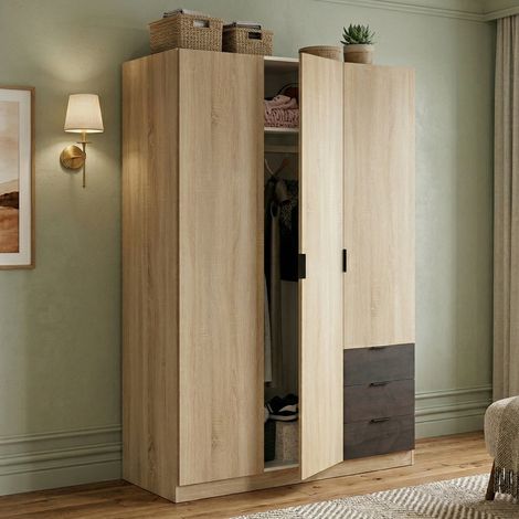 Dmora - Garderobe Daband, Schlafzimmerschrank mit 3 Türen und 3 Schubladen, Schrank mit Kleiderstange und 3 Einlegeböden, 121x52h180 cm, Eiche und Oxid (1/5)