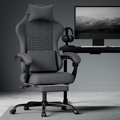 Silla gaming de tela negra con reposacabezas, soporte lumbar, respaldo 90-135°, reposapies, 77,0 x 57,0 x 25,0 cm (1/5)