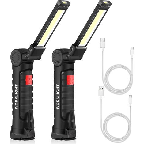 2 Pièces Lampe Rechargeable, Lampe Mecanicien, Lampe Atelier de Travail Lampe de Poche COB Torche avec Base Magnétique, 5 Modes Lampe LED, pour Garage, Camping et Urgences (1/5)