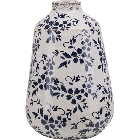 Vase Décoratif en Céramique Blanche et Bleu Marine 25 cm de Hauteur Motif Floral Accessoire Tendance pour Salon ou Chambre Beliani