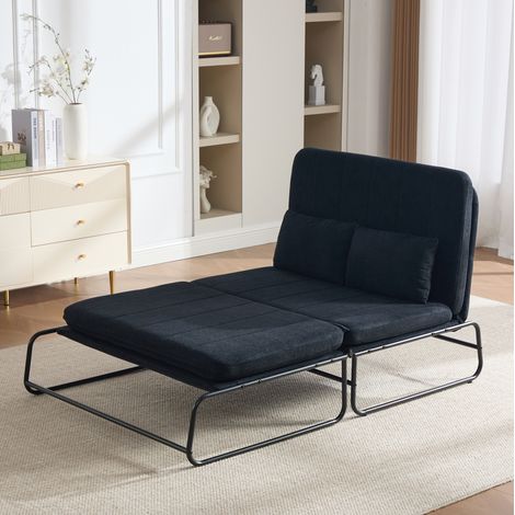 Divano letto trasformabile a 2 posti con tasche laterali, struttura in metallo, 104x85x92 cm, ciniglia nera (1/5)